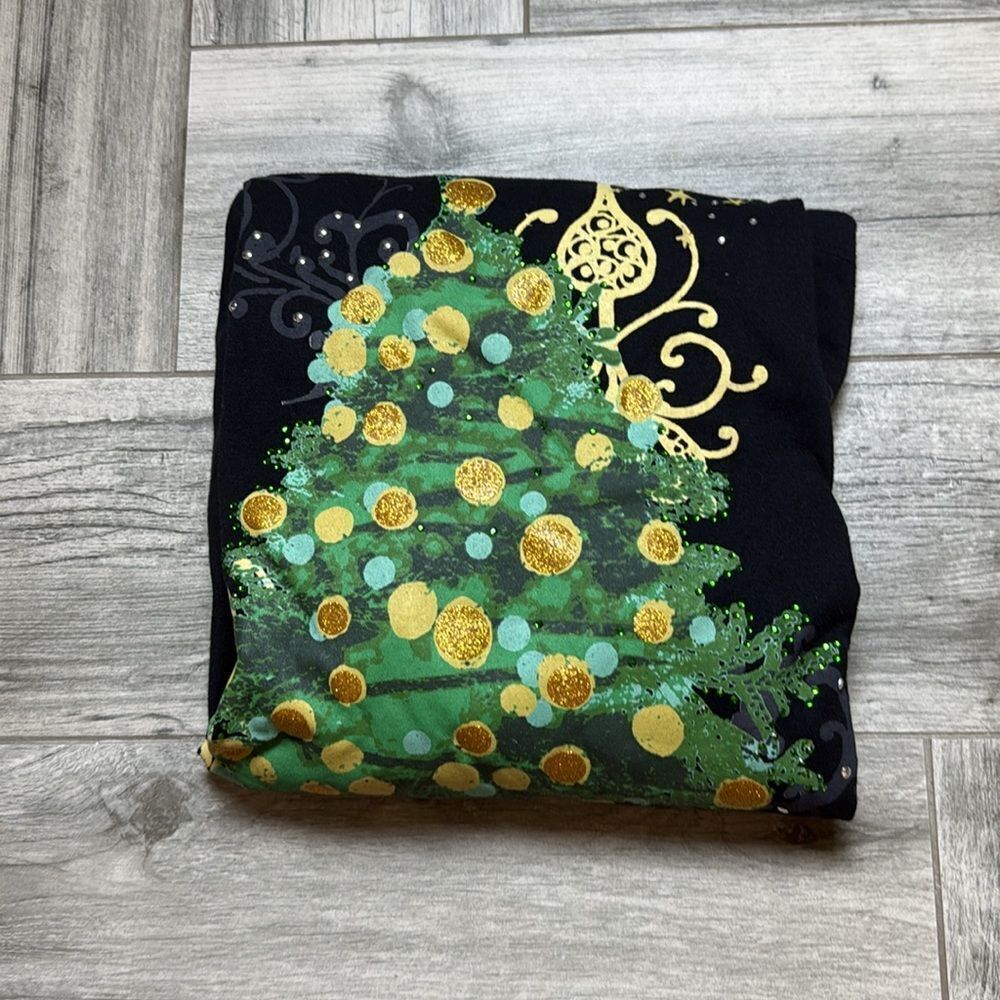 Coral Bay Missy Womens Black 3/4 Sleeve Christmas Tree Top Size Black